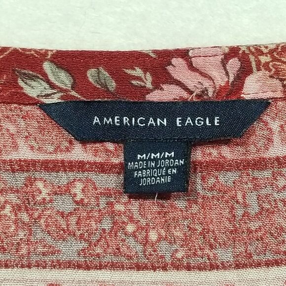 American Eagle Womens Medium Boho Peasant Top Red Paisley Balloon Sleeve Viscose - Picture 6 of 11